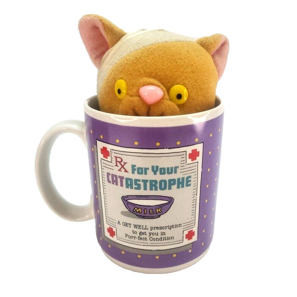 Enesco RX Catastrophe Mug With Cat Plush In Cast bandage vtg Nurse Doctor‎ Gift